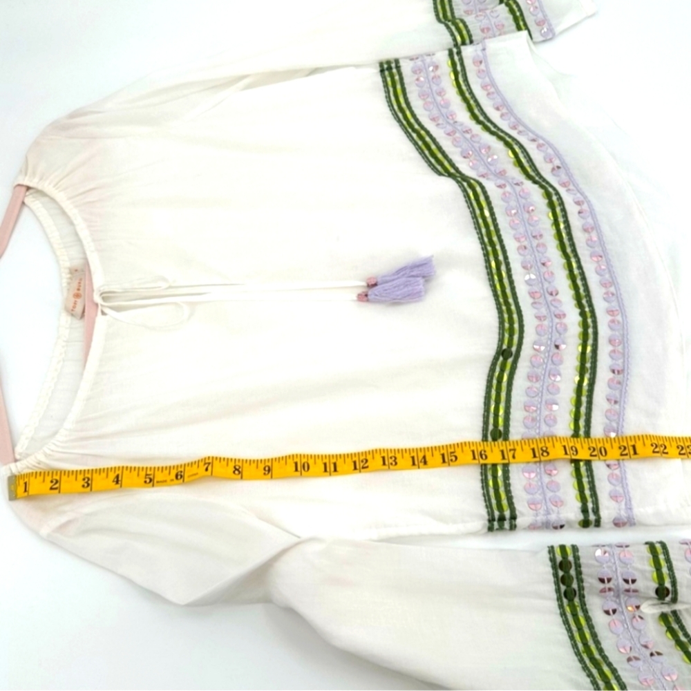Tory Burch White Tunic with Lavendar and Green Sequin Embroidery. - Picture 14 of 15